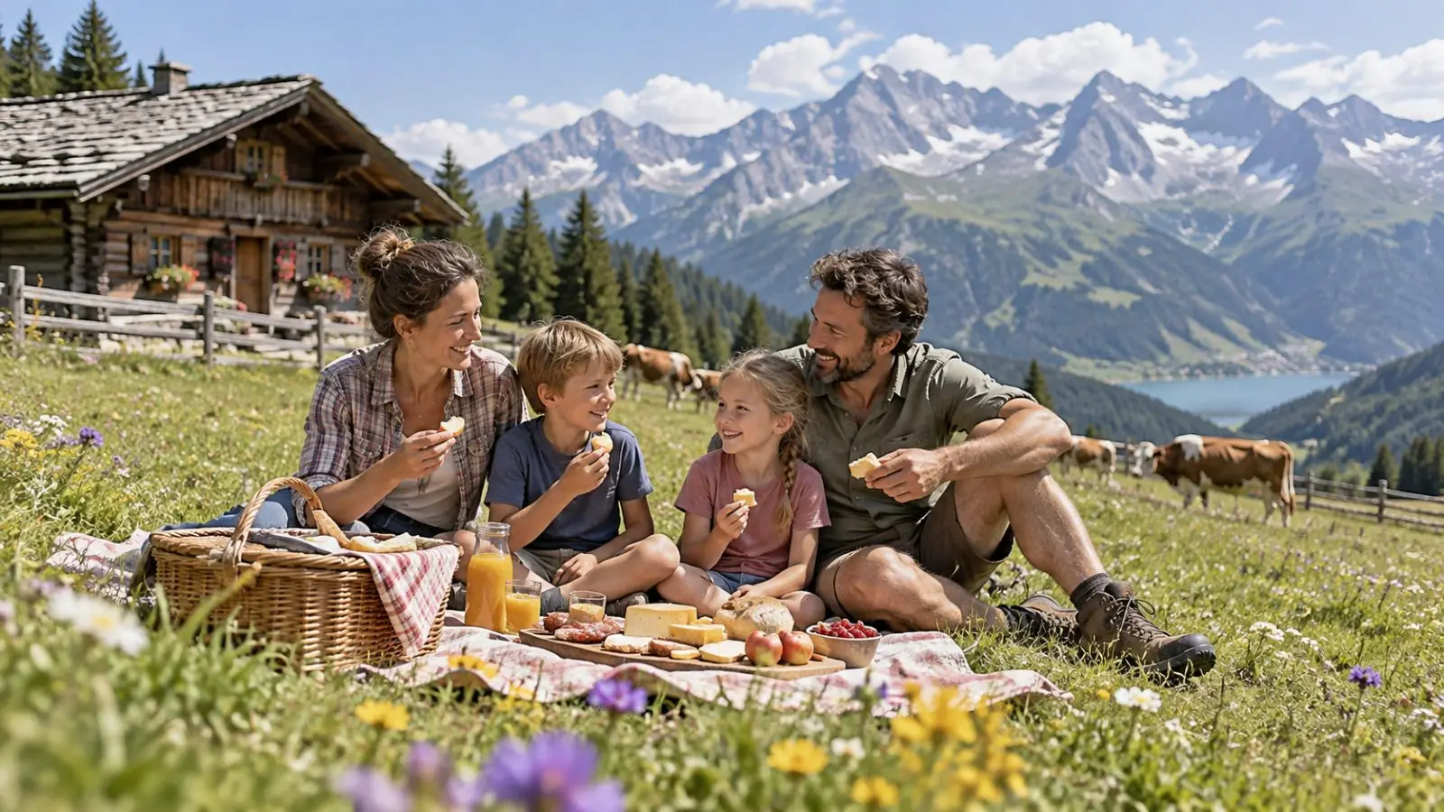 Familie beim Picknick auf einer Almwiese vor einer Holzhütte, dahinter Berge und Kühe