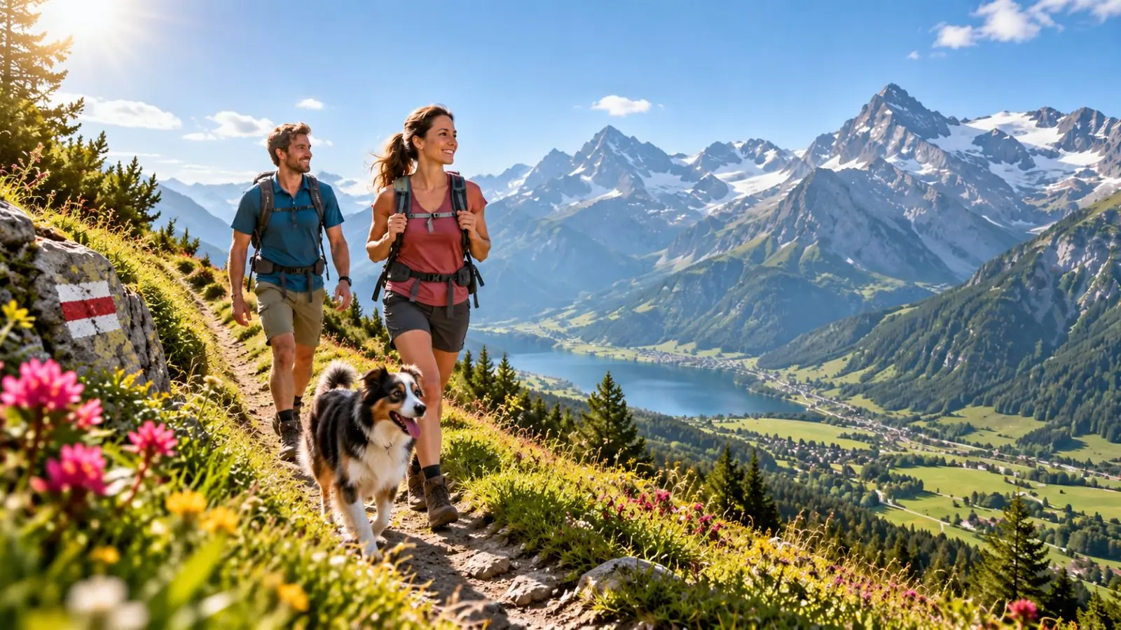 Paar wandert mit einem Hund auf einem Bergpfad zwischen Alpenrosen, im Tal ein See