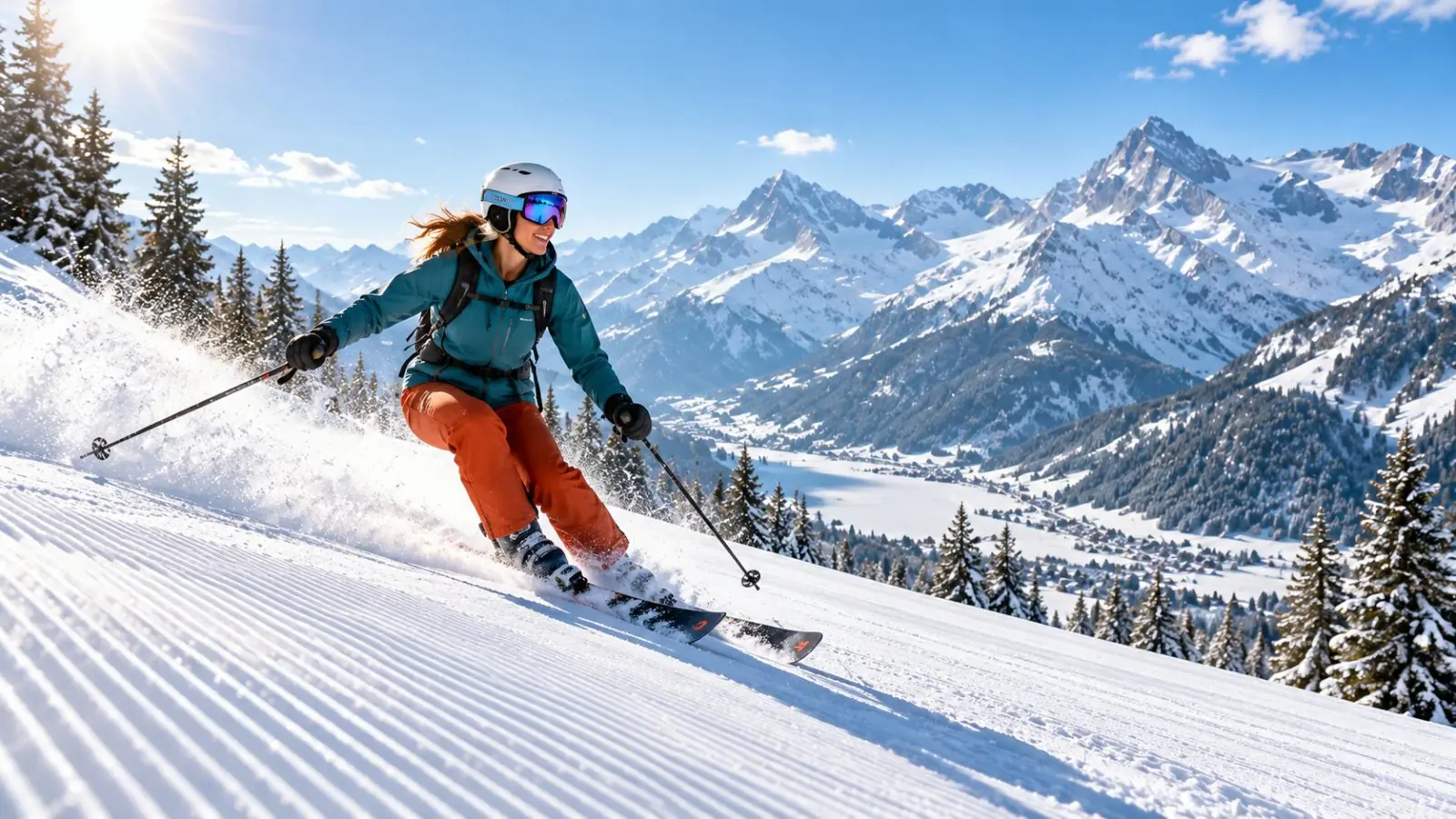Skifahrerin auf einer frisch präparierten Piste vor verschneiten Gipfeln