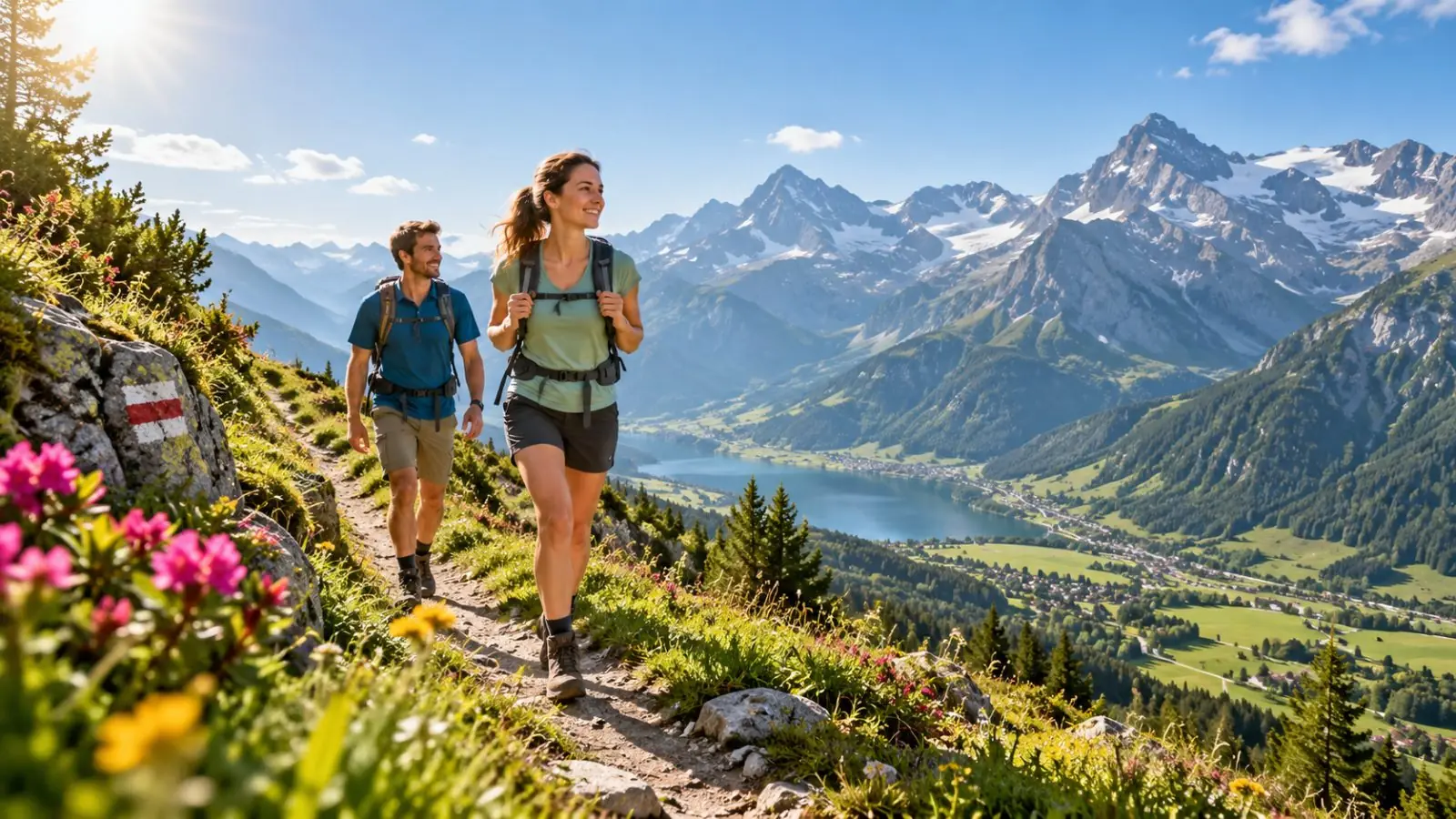 Paar wandert auf einem markierten Bergpfad, dahinter Gipfel und ein See im Tal