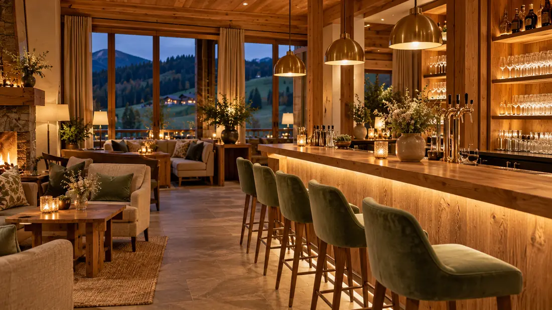 Hotelbar am Abend mit Holztheke, grünen Barhockern und warmem Licht