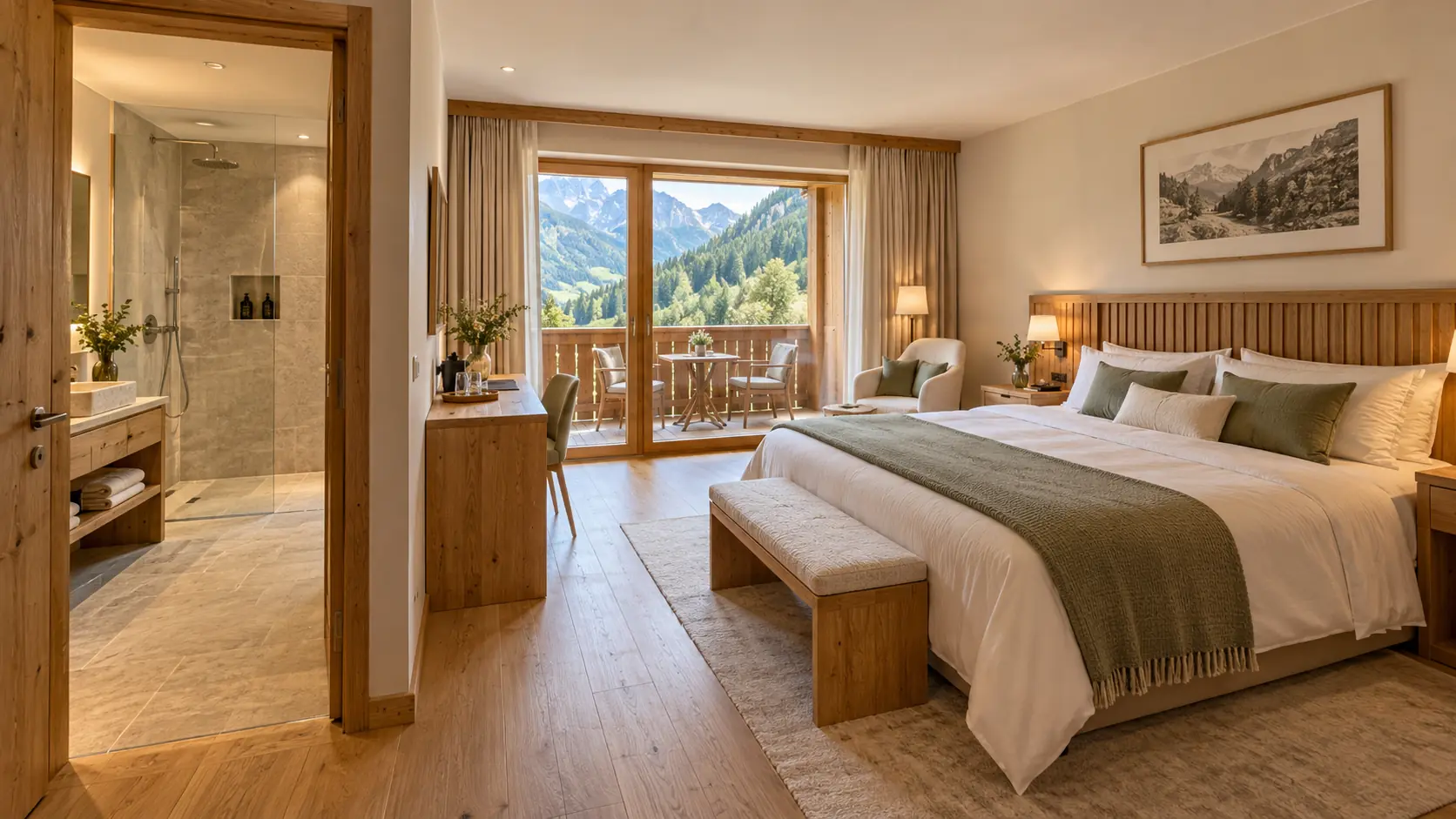 Doppelzimmer mit großem Bett, Sitzbank und Glastür zum Balkon mit Bergblick, links das Bad mit Dusche