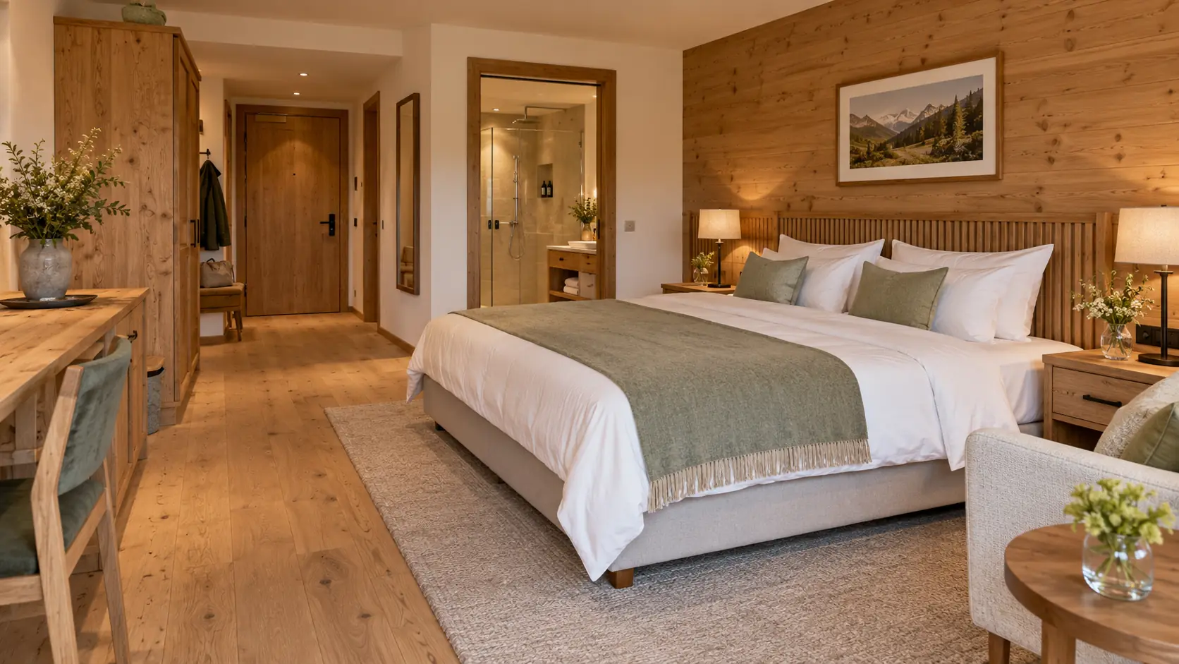 Doppelzimmer mit großem Bett, Holzwand mit Bergbild, Sessel und Blick in Bad und Flur