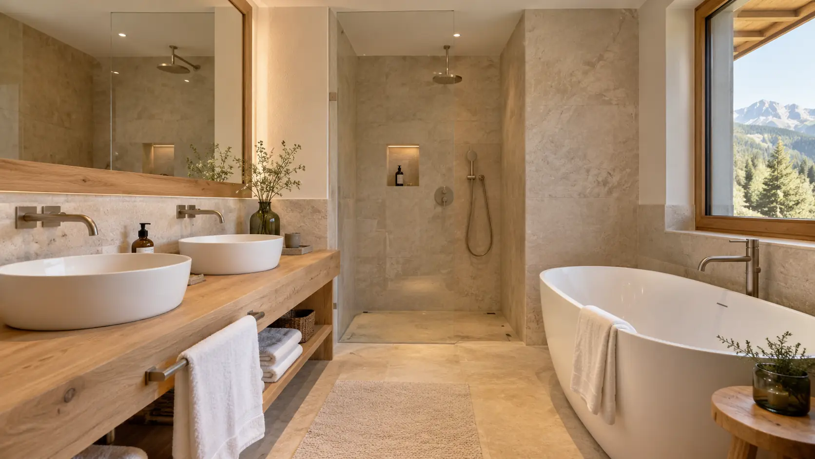 Bad mit zwei Waschbecken auf Eichenholz, freistehender Badewanne, Glasdusche und Fenster mit Bergblick