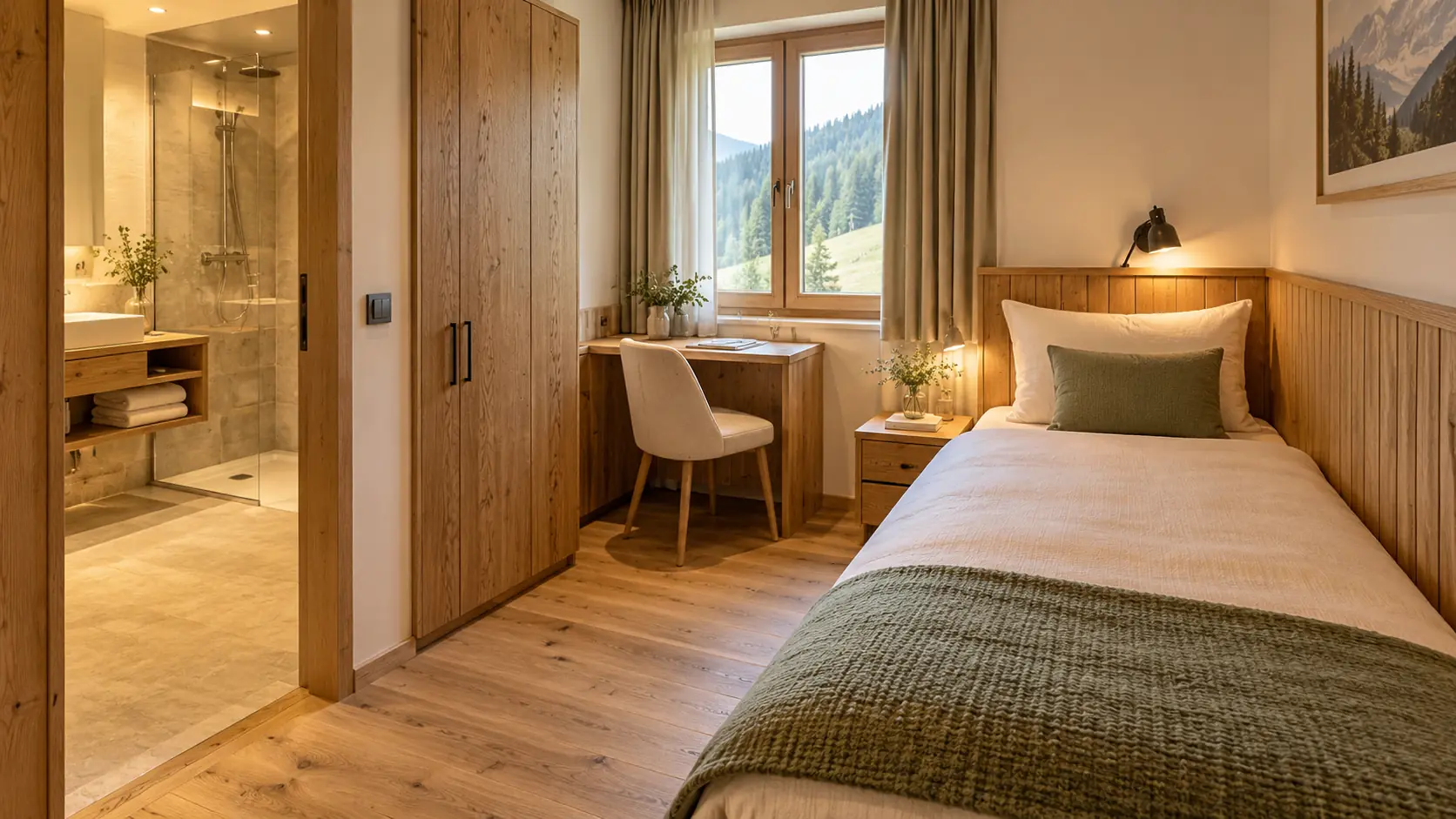 Einzelzimmer mit Bett unter dem Fenster, Schreibtisch, Kleiderschrank und Blick ins Bad mit Glasdusche
