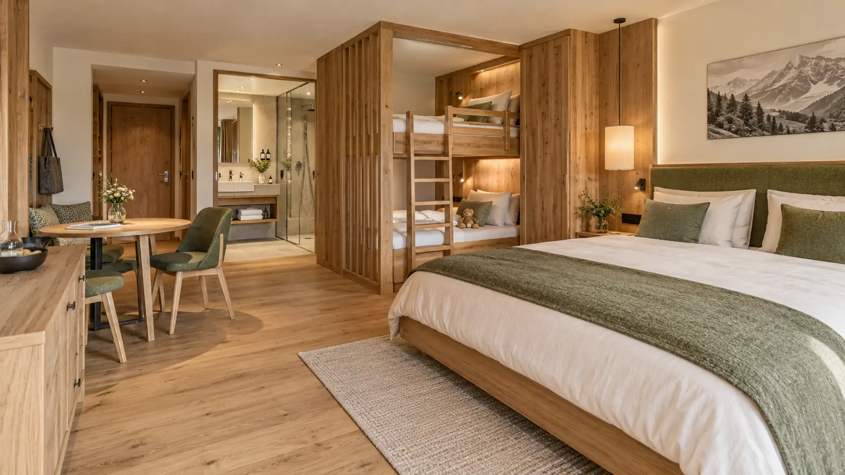 Familienzimmer mit Doppelbett, Etagenbett in einer Holznische und Esstisch mit vier Stühlen