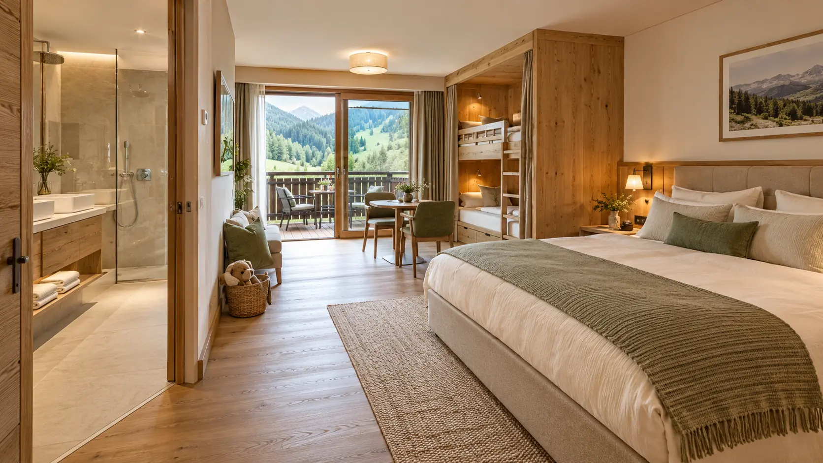 Familienzimmer mit Doppelbett, Etagenbett, Sitzplatz und Glastür zum Balkon, links das Bad
