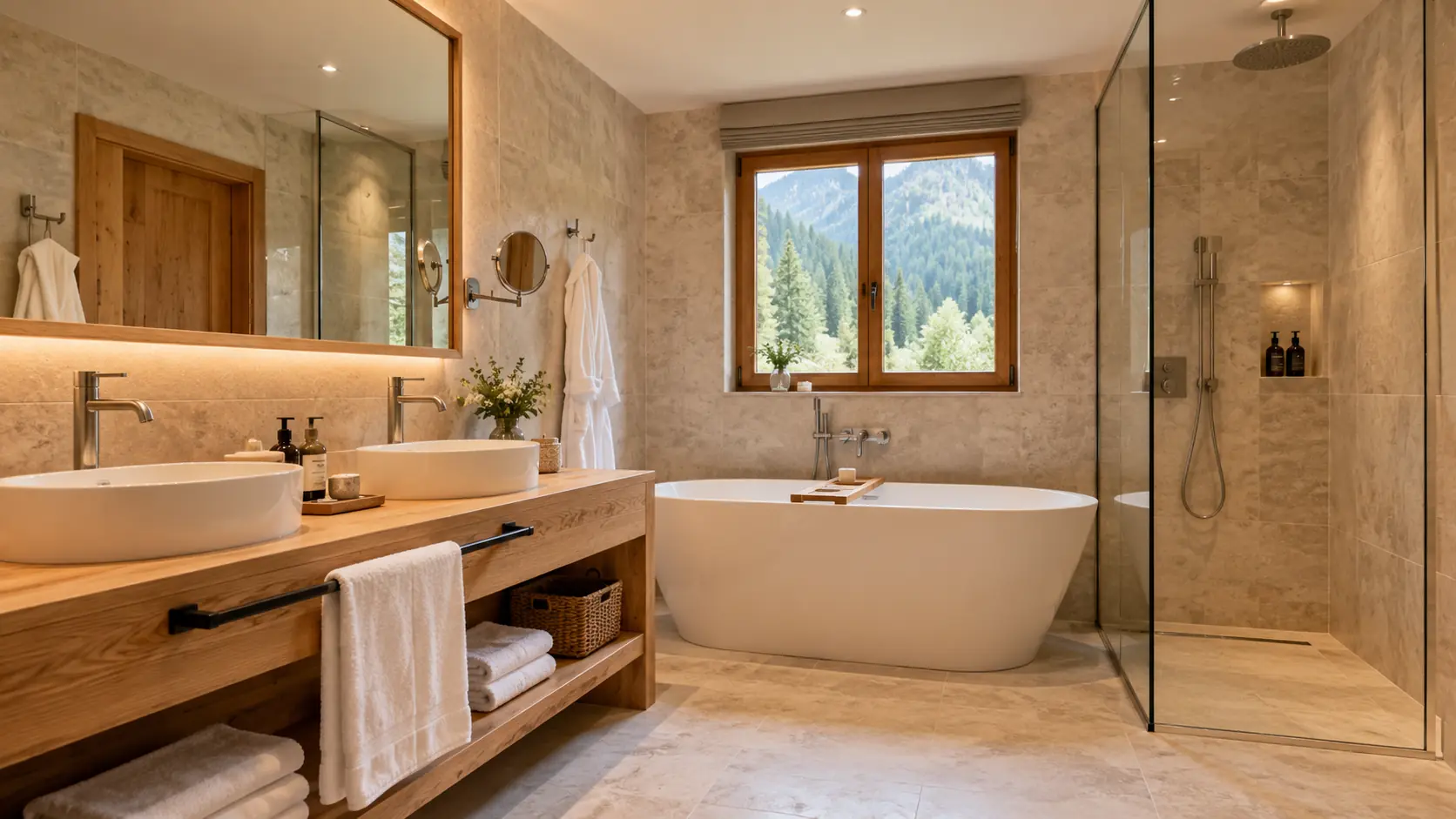 Familienbad aus Naturstein mit zwei Waschbecken, freistehender Wanne und Glasdusche