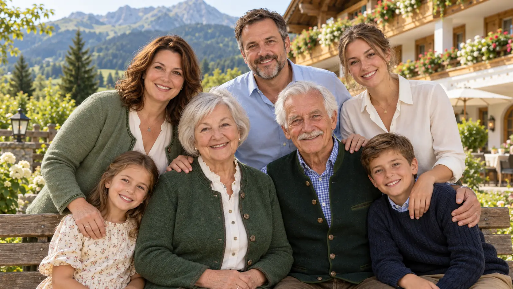 Die Familie Lindner in drei Generationen auf einer Holzbank vor dem Hotel mit Blumenbalkonen, dahinter die Berge