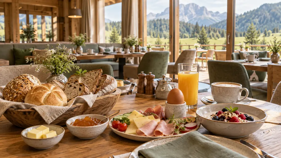 Frühstückstisch mit Brot, Eiern, Obst, Orangensaft und Käse vor einem Fenster mit Bergblick