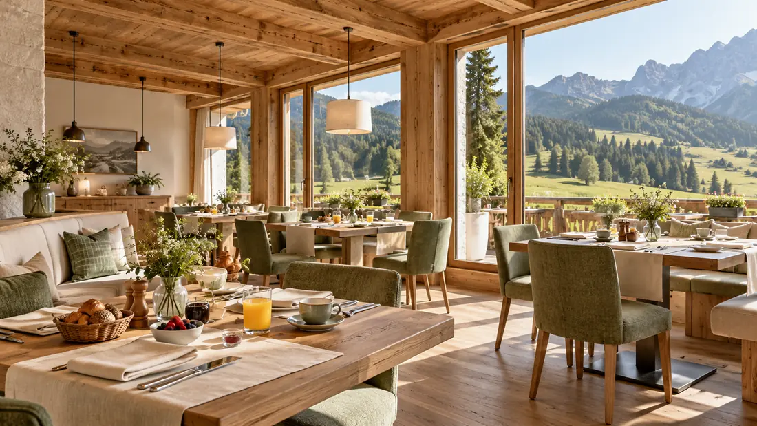 Frühstücksraum im Morgenlicht mit Holztischen, grünen Stühlen und Bergpanorama