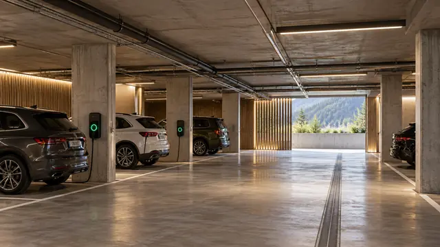 Helle Tiefgarage mit geparkten Autos und Ladestation