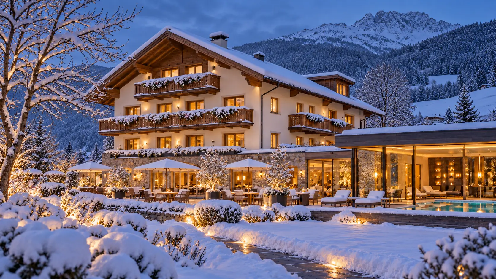 Das Hotel im Winter zur blauen Stunde: verschneiter Garten, beleuchtete Fenster und Wege