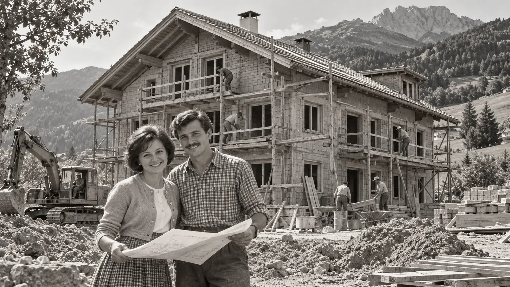 Rosa und Josef mit dem Bauplan vor dem Rohbau der Pension, dahinter Gerüst, ein Bagger und Arbeiter