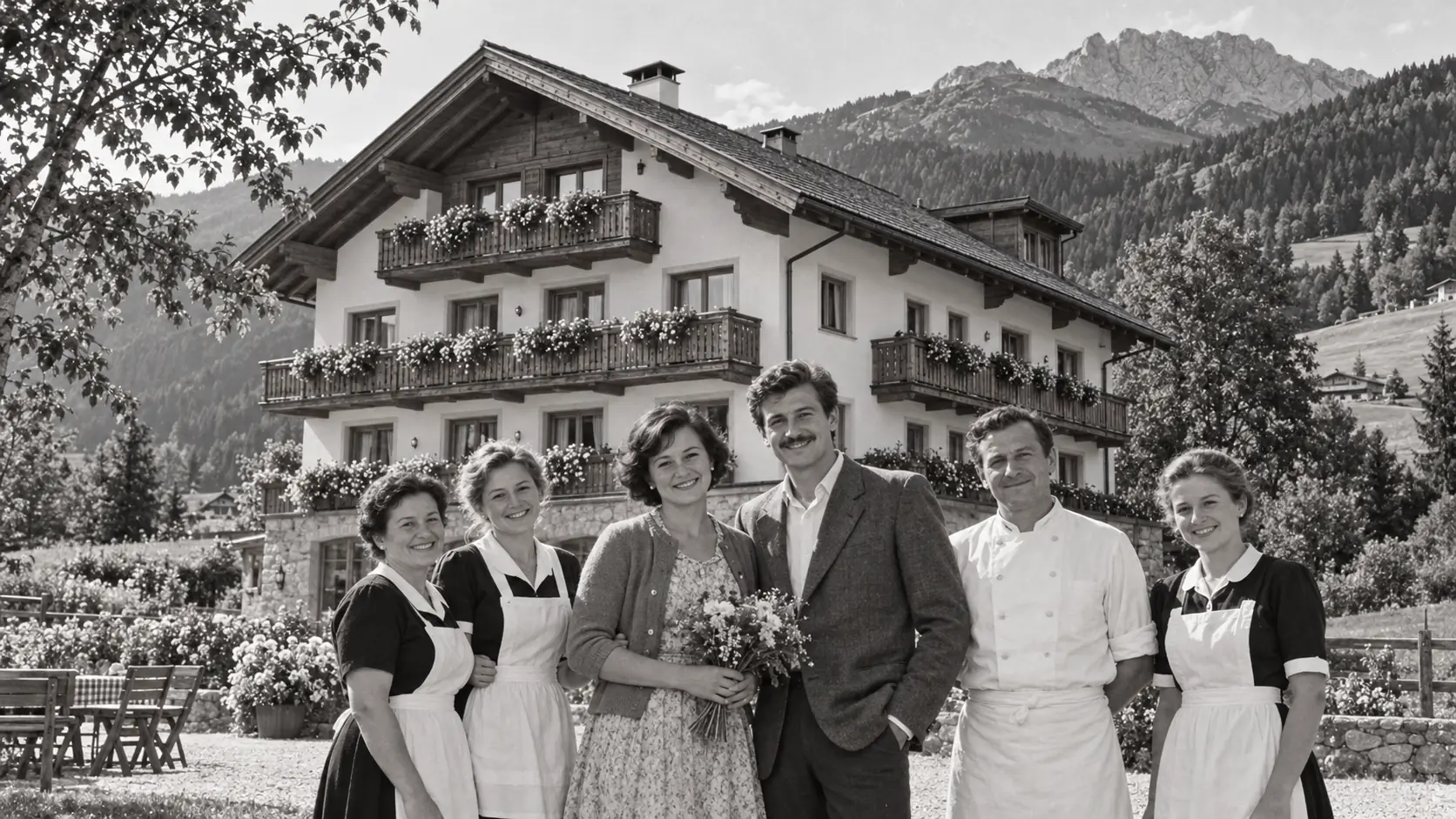 Rosa mit Blumenstrauß und Josef mit ihrem ersten Team vor der neu eröffneten Pension