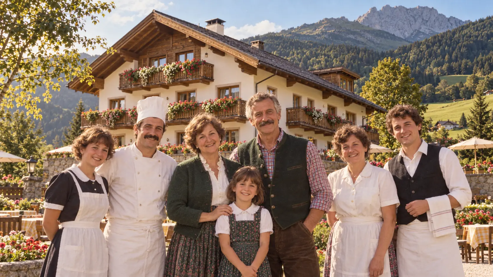 Rosa und Josef mit der kleinen Theresa im Dirndl und dem Team vor dem Haus mit den Blumenbalkonen