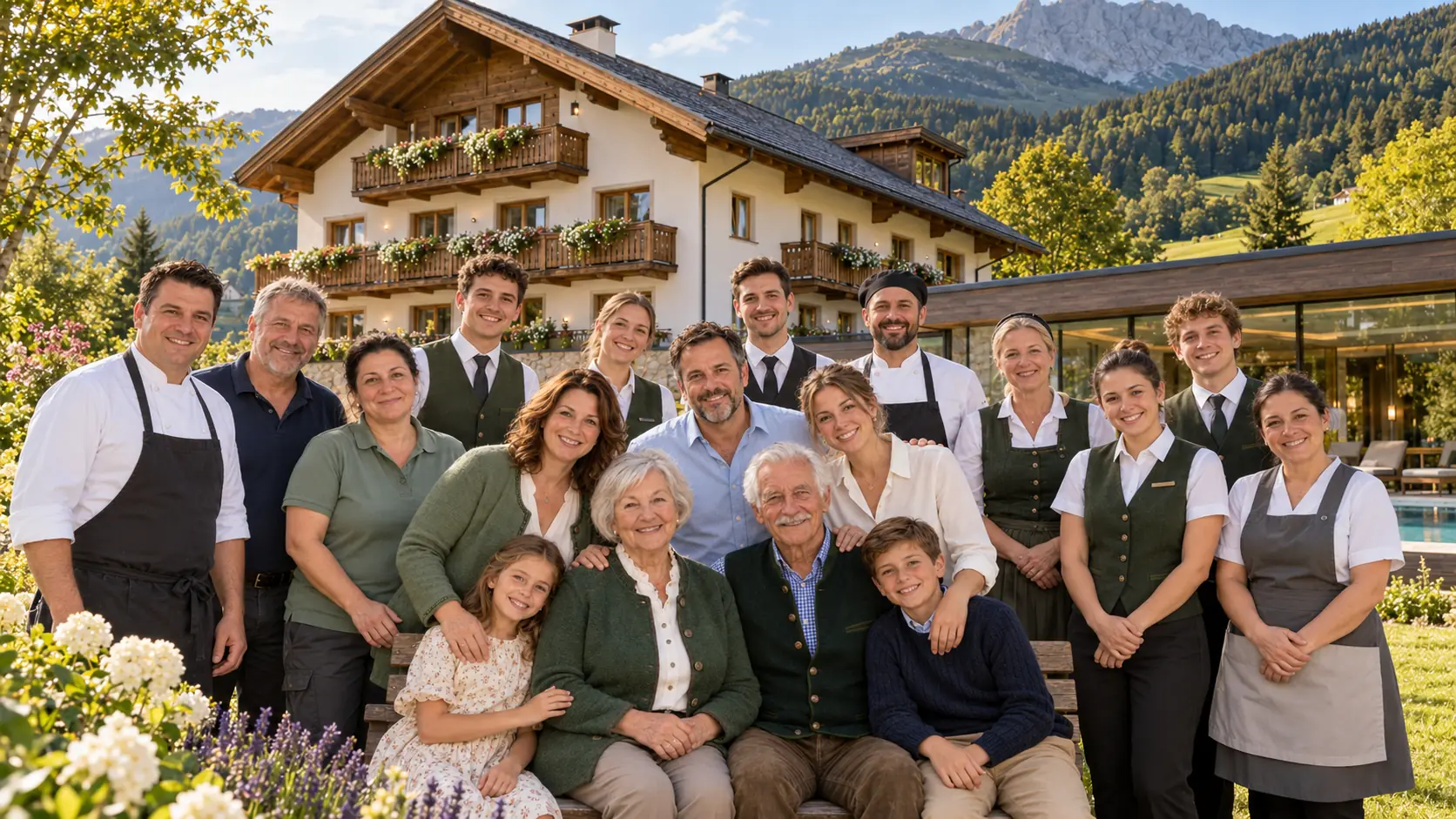 Rosa und Josef mit Theresa, Markus, den Kindern und dem ganzen Team im Garten vor dem Hotel, rechts der Spa