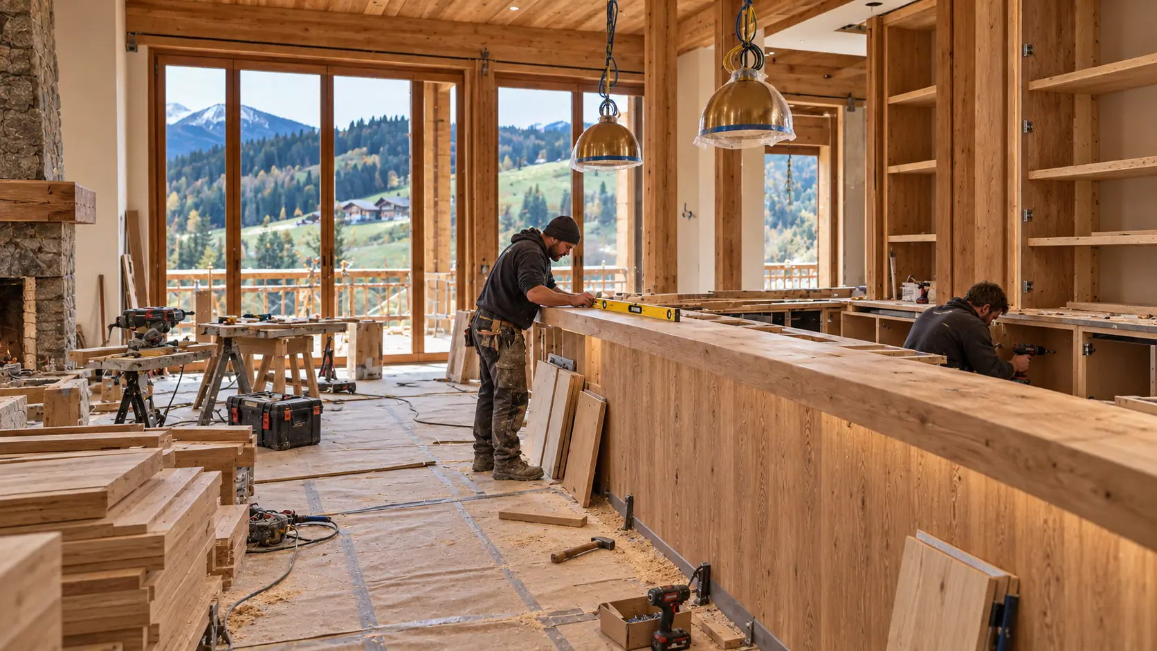 Tischler bauen die Bartheke aus Holz, links der Kamin aus Bruchstein, durch die Fenster das Tal im Herbst