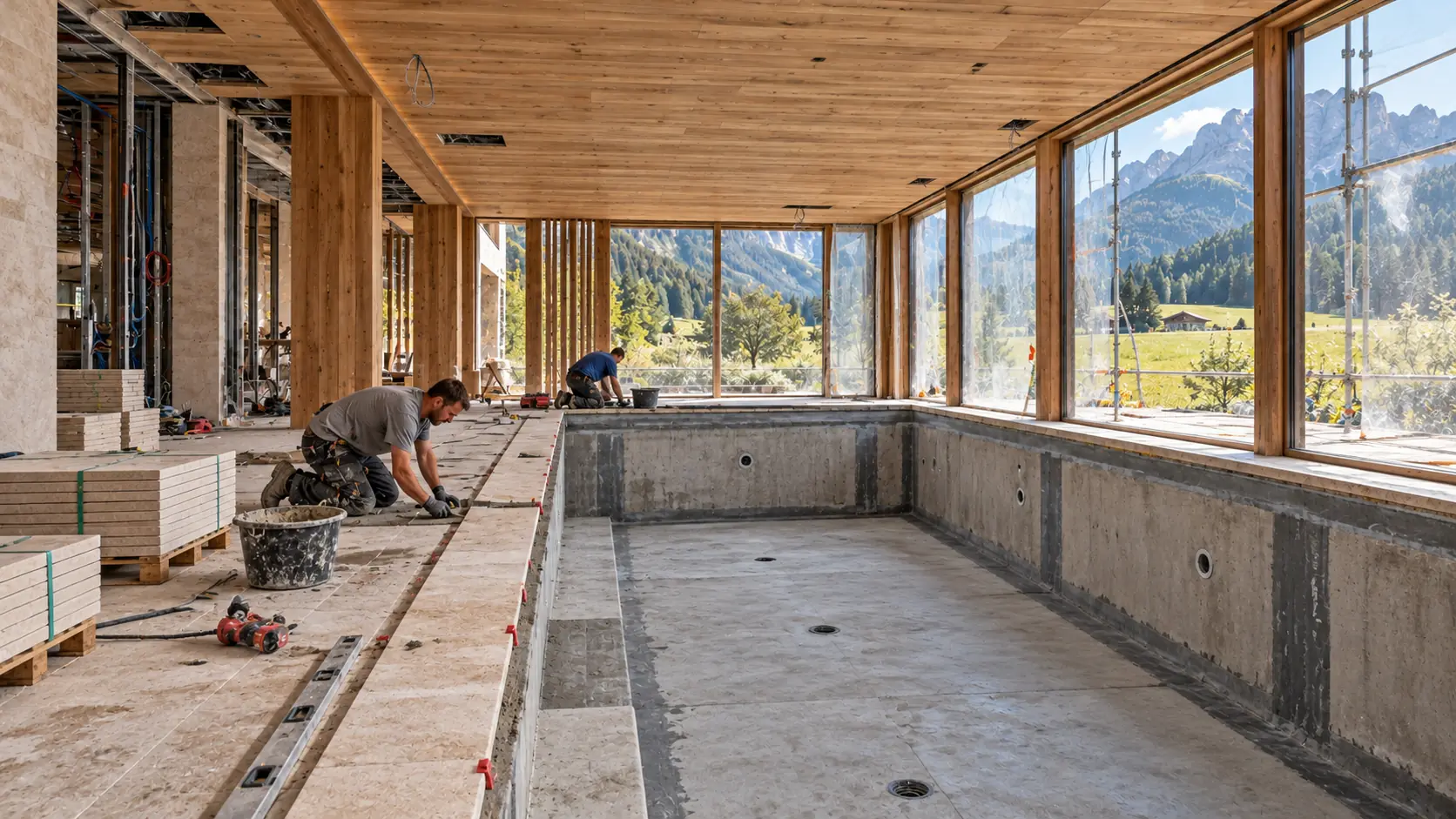 Fliesenleger am Becken des Innenpools im Rohbau, durch die Glasfront die Berge