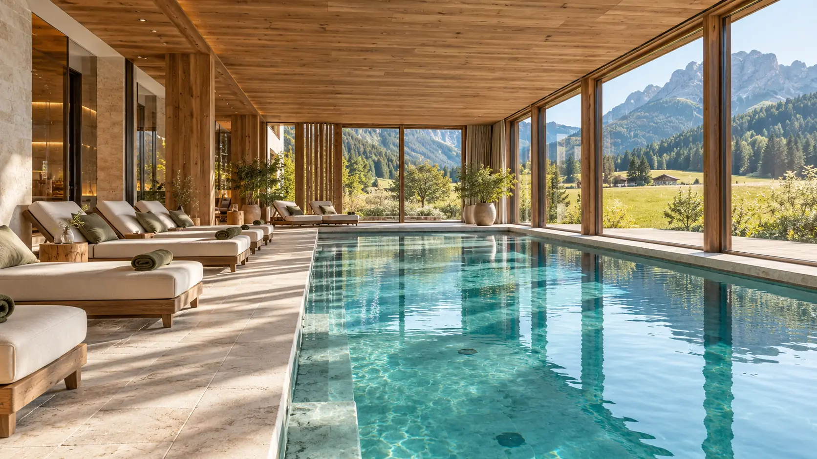 Innenpool mit türkisem Wasser, Holzliegen und Glasfront zu den Bergen