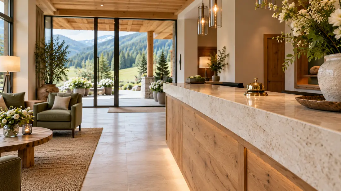 Rezeption mit Theke aus hellem Kalkstein, Messingglocke und Blick in den Garten