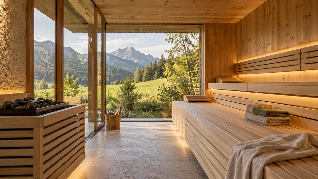 Finnische Sauna aus Holz mit großem Panoramafenster ins Tal