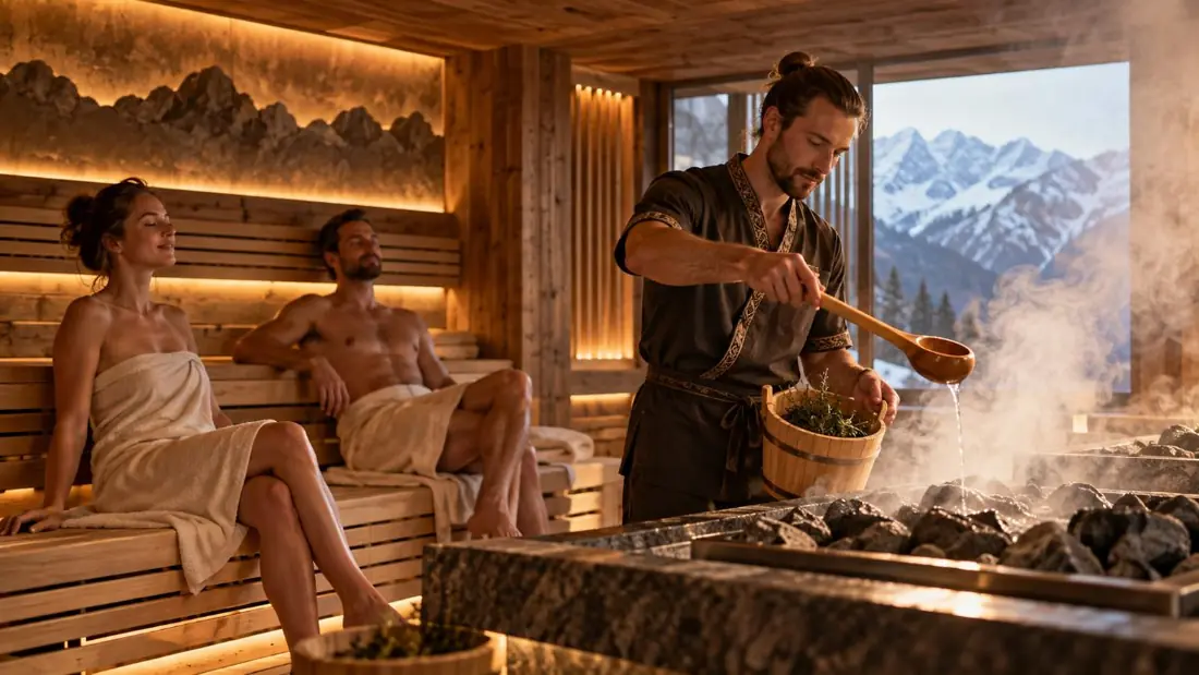 Saunameister beim Aufguss in der Panoramasauna, zwei Gäste auf der Holzbank