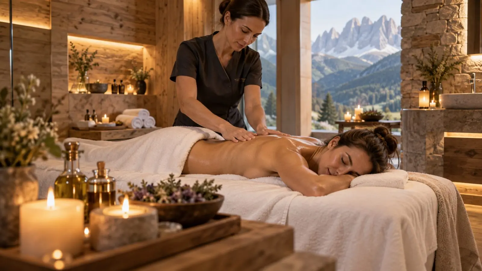 Rückenmassage im Wellnessraum bei Kerzenlicht, durch das Fenster die Berge