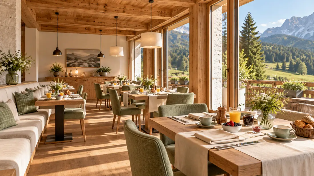Speisesaal am Morgen: gedeckte Tische mit Orangensaft, Kaffee und Gebäck, große Fenster zum Bergpanorama