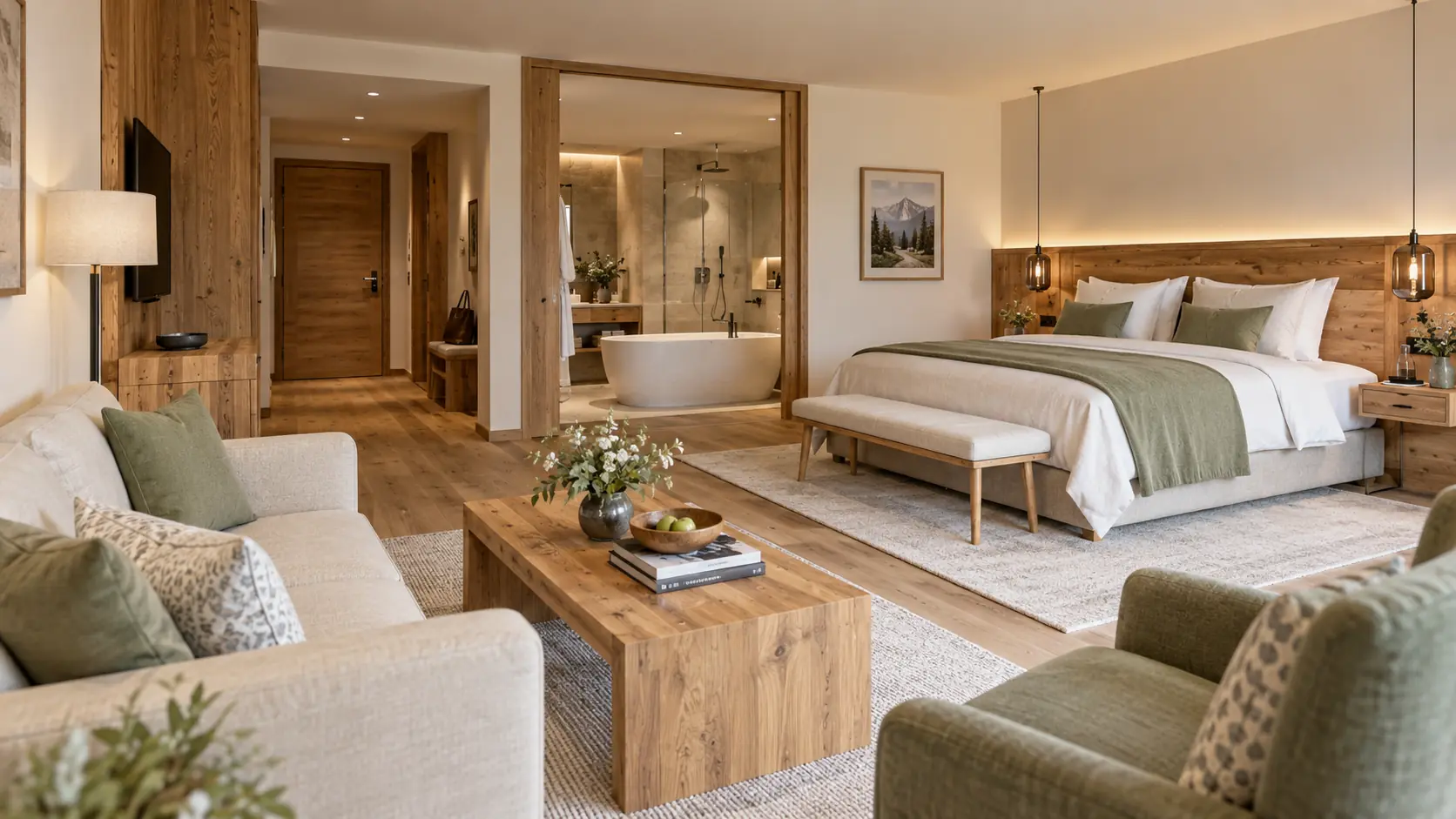 Suite mit Sofa und Sesseln, großem Bett und offenem Bad mit freistehender Wanne
