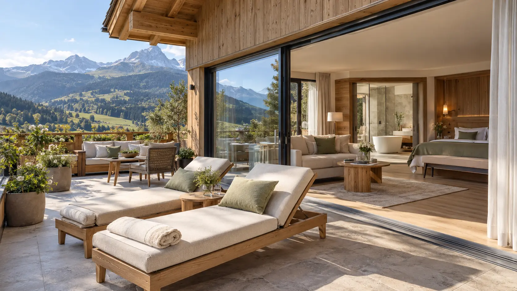 Private Terrasse der Suite mit zwei Liegen, Lounge-Ecke und Blick auf die Berge