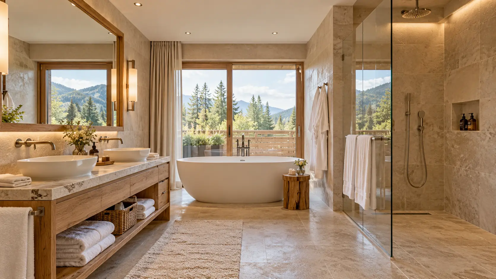 Suitebad mit zwei Waschbecken, freistehender Wanne vor dem Fenster und Glasdusche