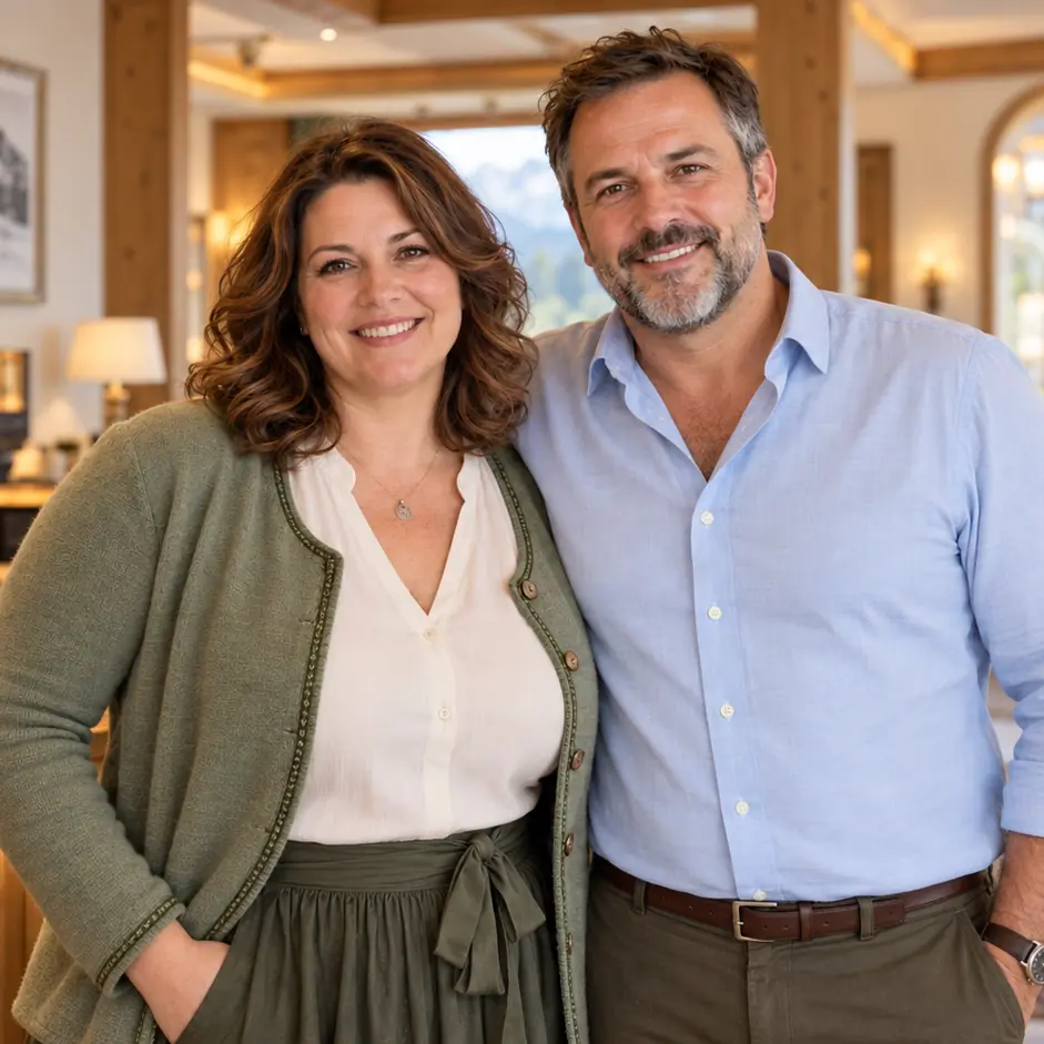 Theresa und Markus Lindner stehen lächelnd nebeneinander an der Rezeption in der Hotellobby