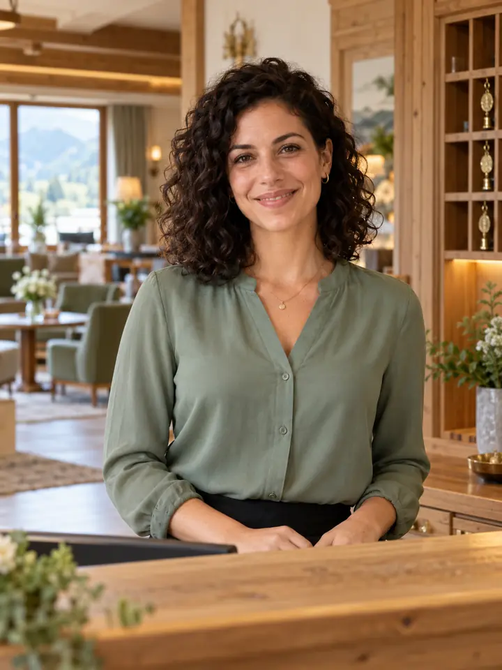 Porträt von Sofia Moretti: Frau mit lockigem Haar und grüner Bluse an der Rezeption
