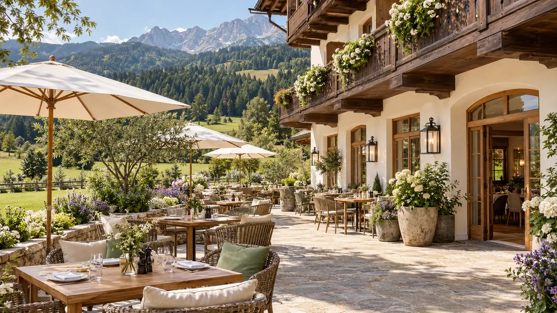 Gartenterrasse mit Sonnenschirmen und gedeckten Tischen vor der Hotelfassade