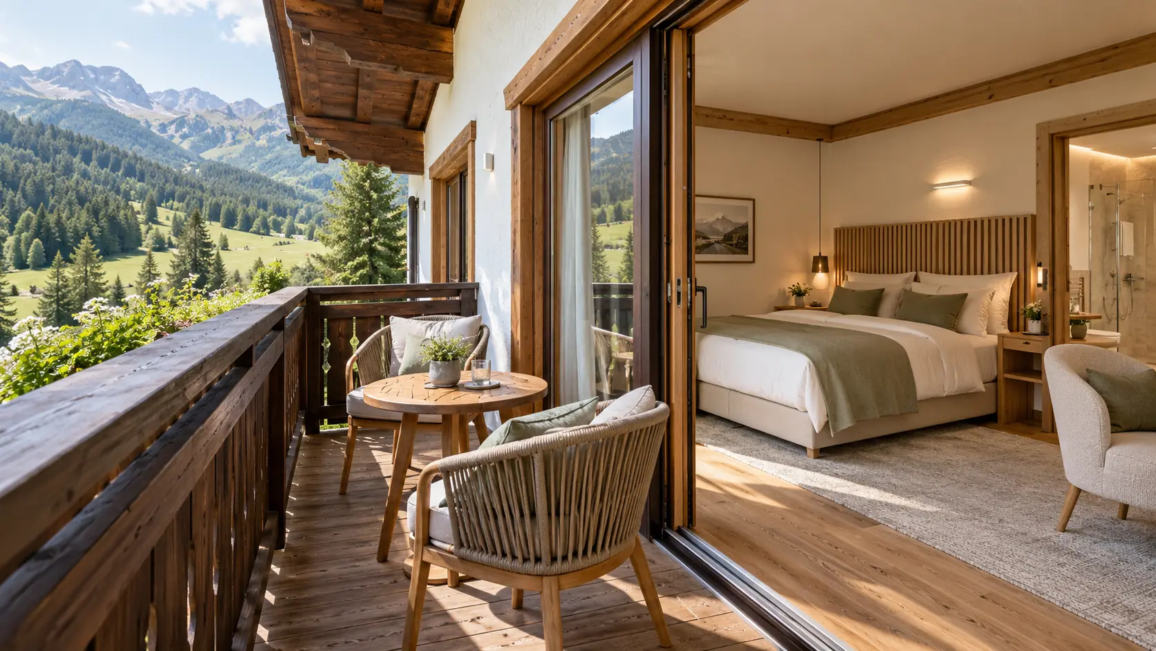 Doppelzimmer mit Balkon: vorne der Holzbalkon mit zwei Stühlen und Tisch und Blick auf Almwiese und Berge, dahinter das Zimmer mit großem Bett