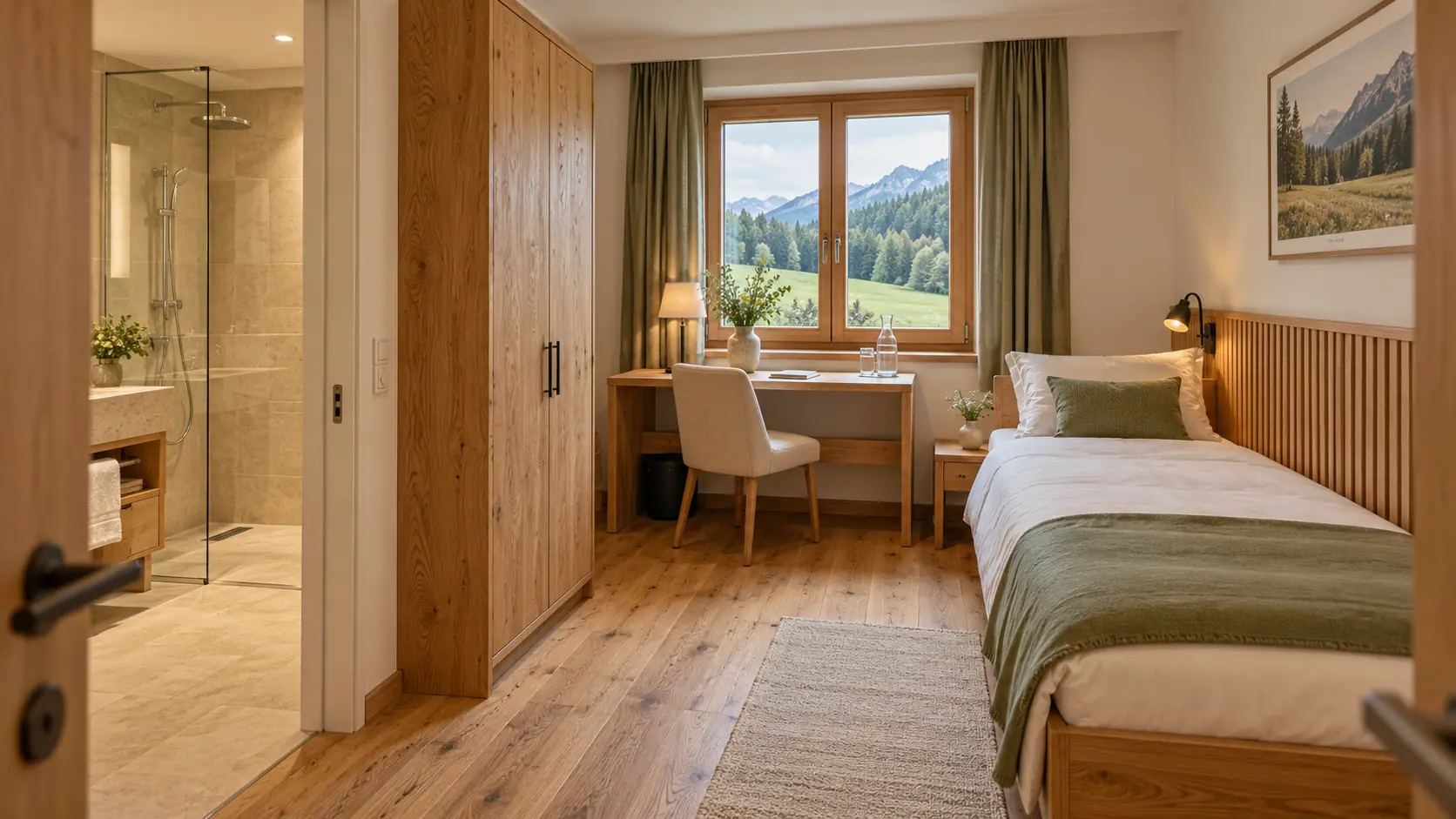 Einzelzimmer mit Bett aus Eichenholz, Schreibtisch vor dem Fenster mit Blick auf Wald und Berge, links das Bad mit Glasdusche
