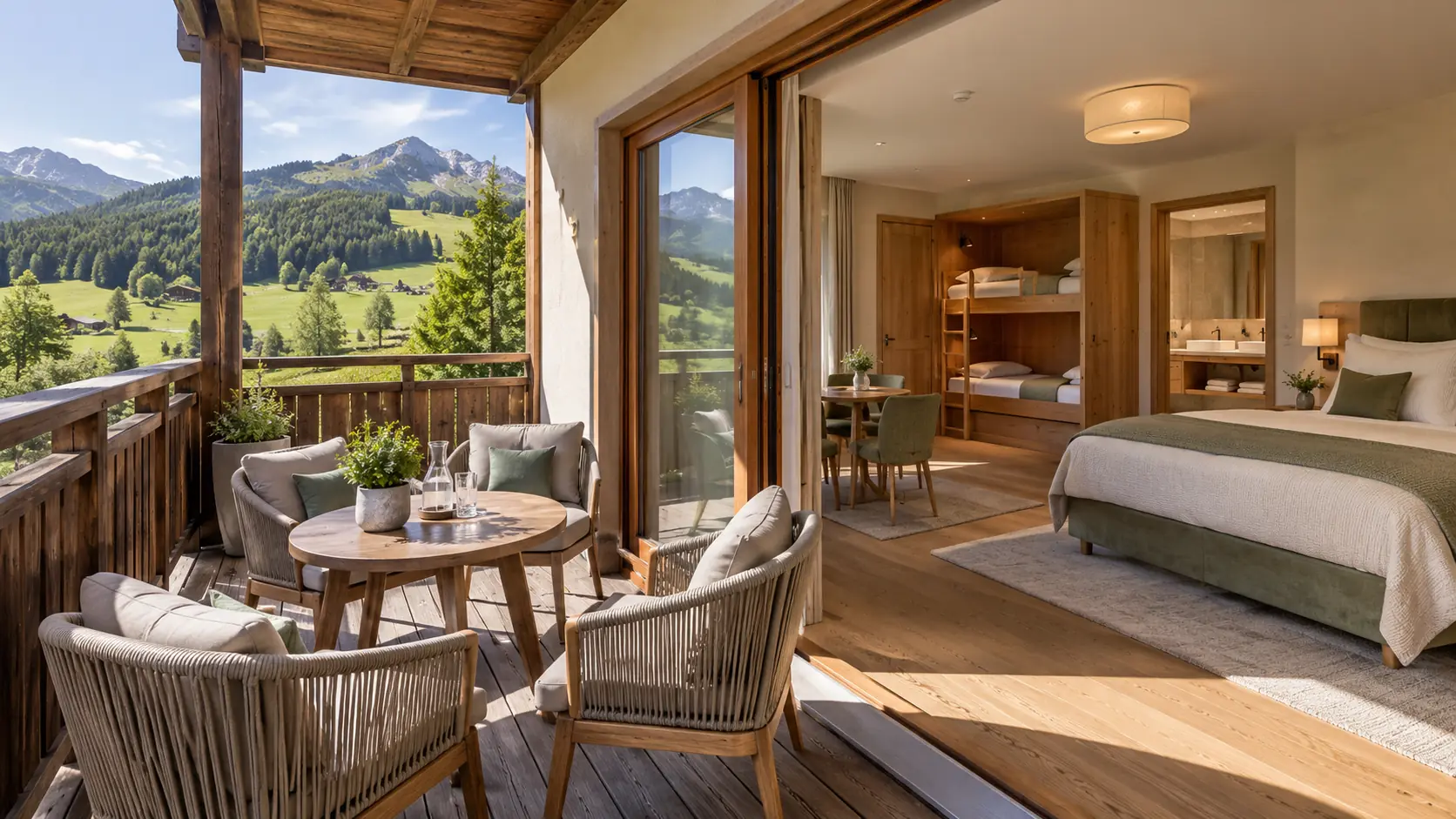 Familienzimmer vom Balkon aus gesehen: Sitzplatz mit Bergblick, im Zimmer Doppelbett, Etagenbett und Esstisch