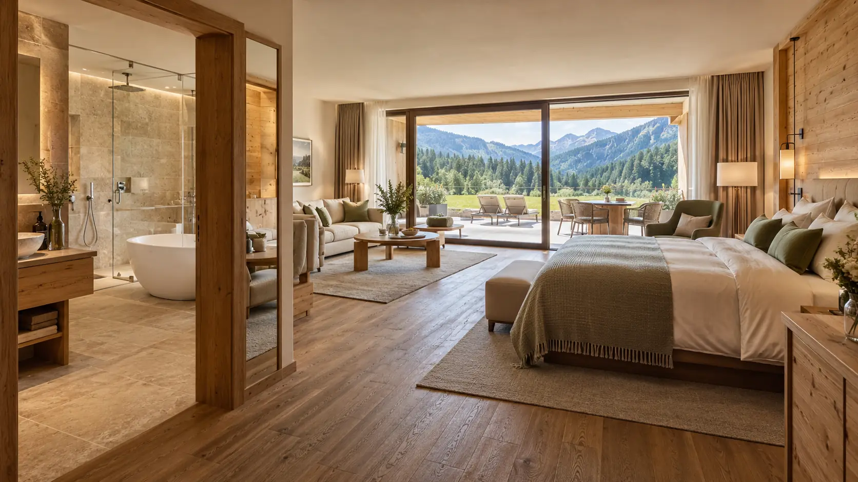 Suite mit großem Bett, Sitzbereich mit Sofa, Bad mit freistehender Wanne und Glasfront zur Terrasse mit Bergblick